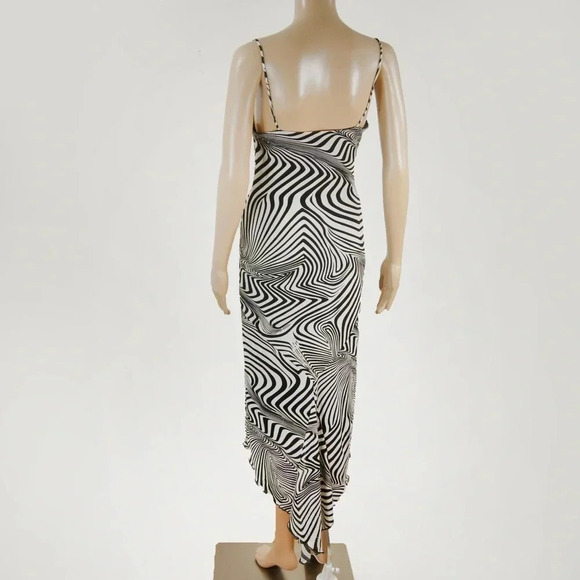 Vintage 90s Y2K White Black Stripe Abstract Line Print Asymmetrical Slip Dress - Picture 3 of 6